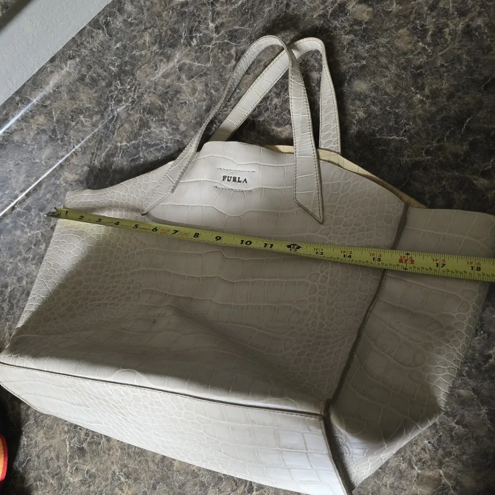 Furla Croc Embossed Leather Tote Bag Large Ivory Cream Italy Shoulder Shopper...